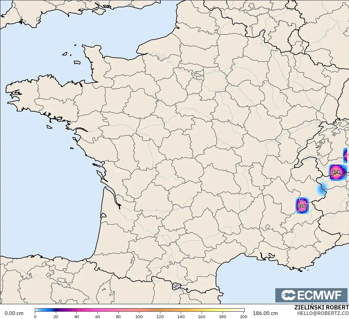 ECMWF IFS 0.25° modelo - Francia, Profundidad de nieve