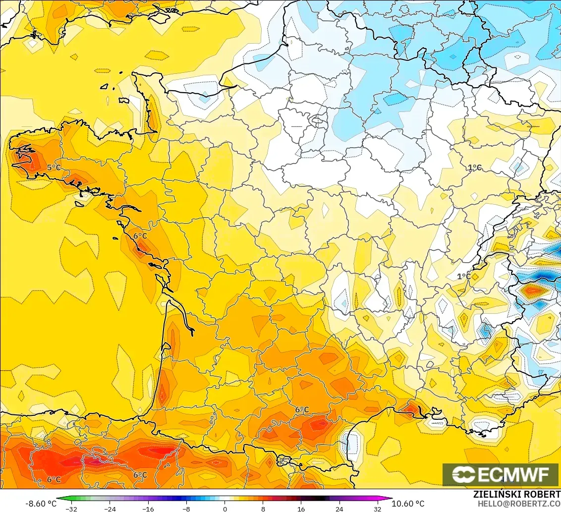 ECMWF IFS 0.25° modelo - Francia, Anomalía de temperatura a 2 m