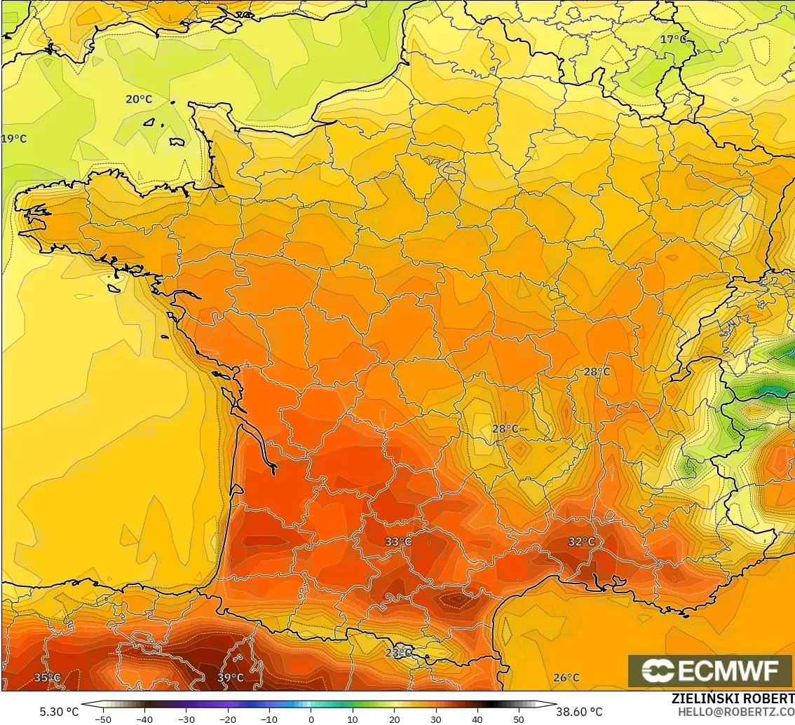 ECMWF IFS 0.25° modelo - Francia, Temperatura a 2 m