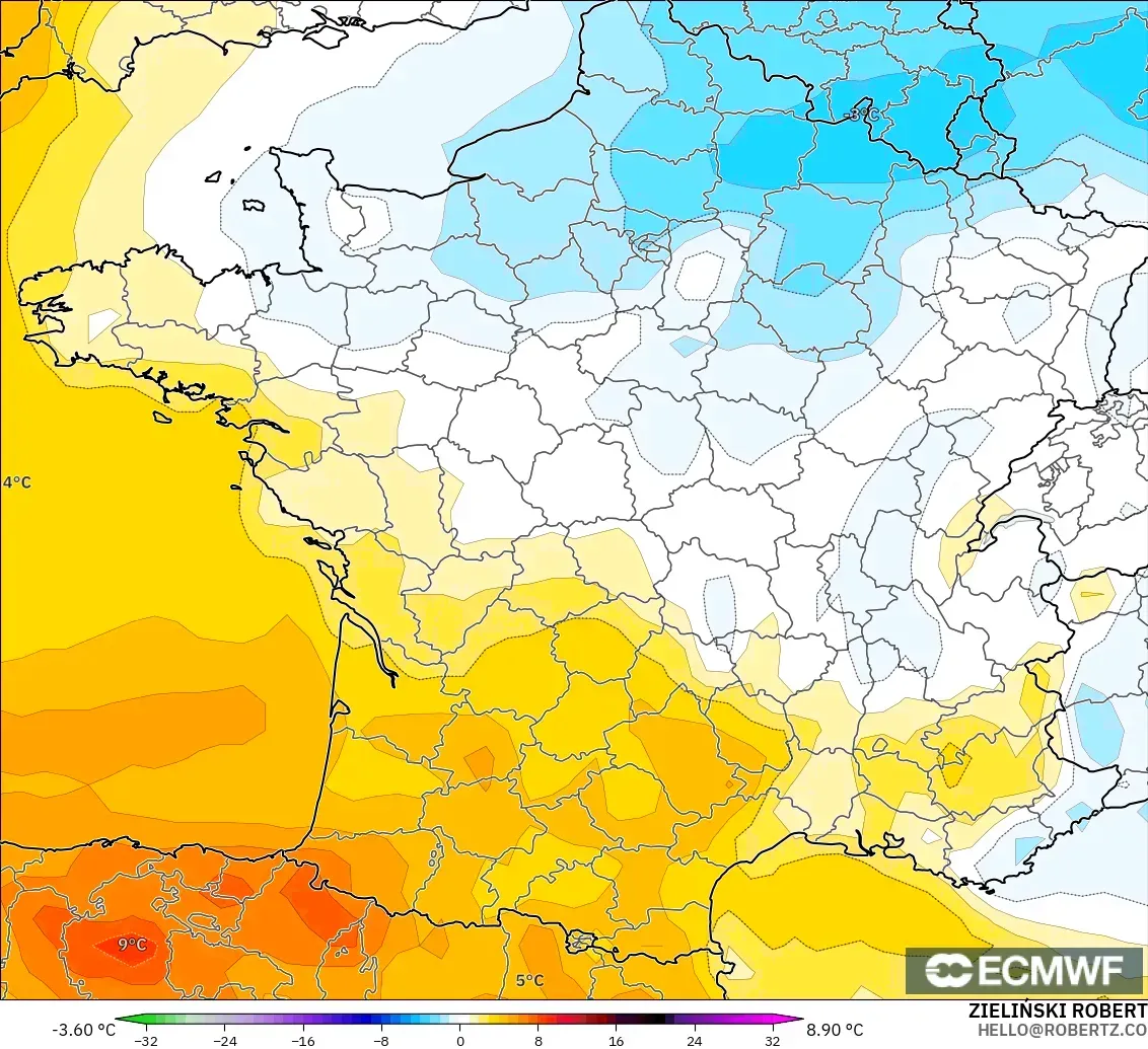 ECMWF IFS 0.25° modelo - Francia, Anomalía de temperatura a 850 hPa