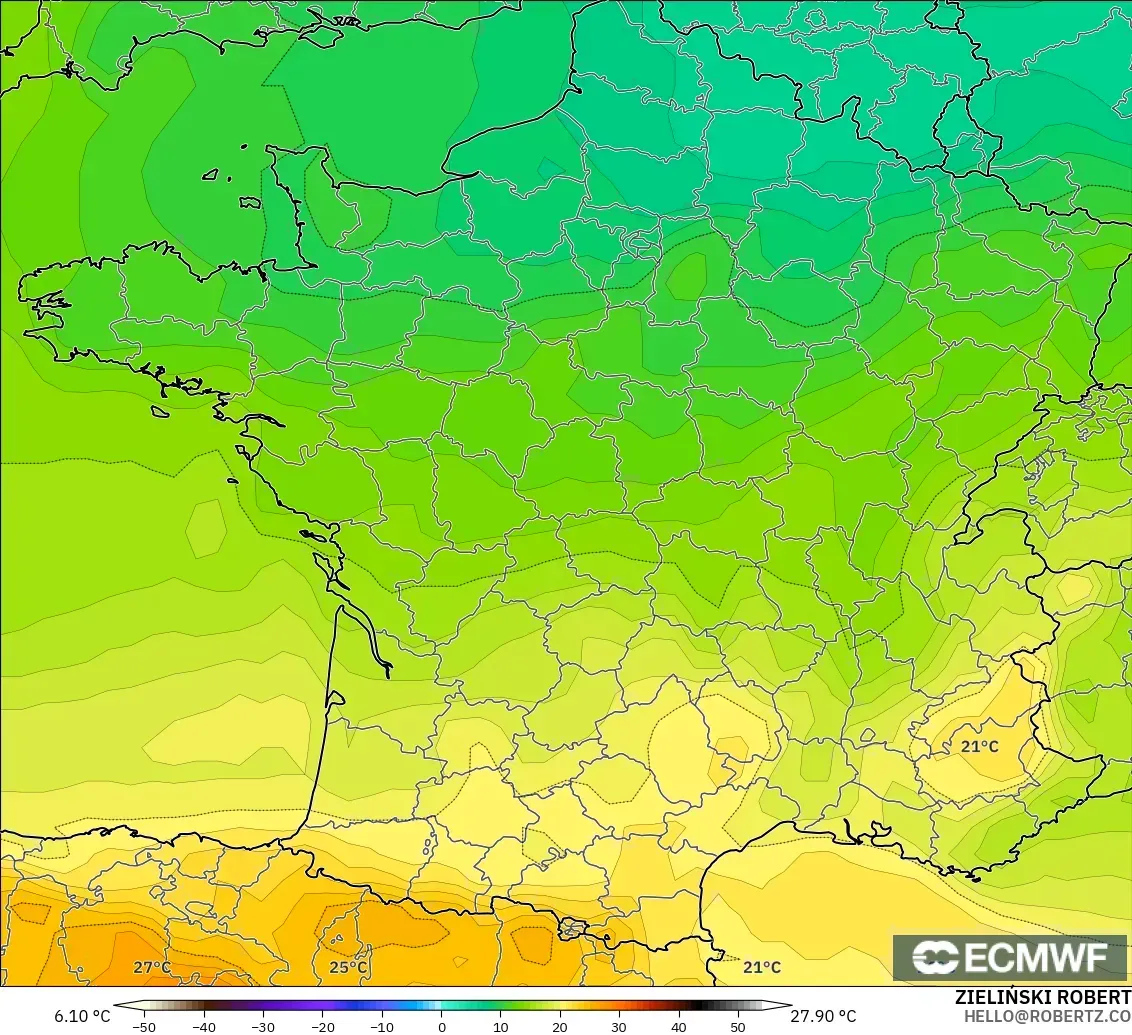 ECMWF IFS 0.25° modelo - Francia, Temperatura a 850 hPa