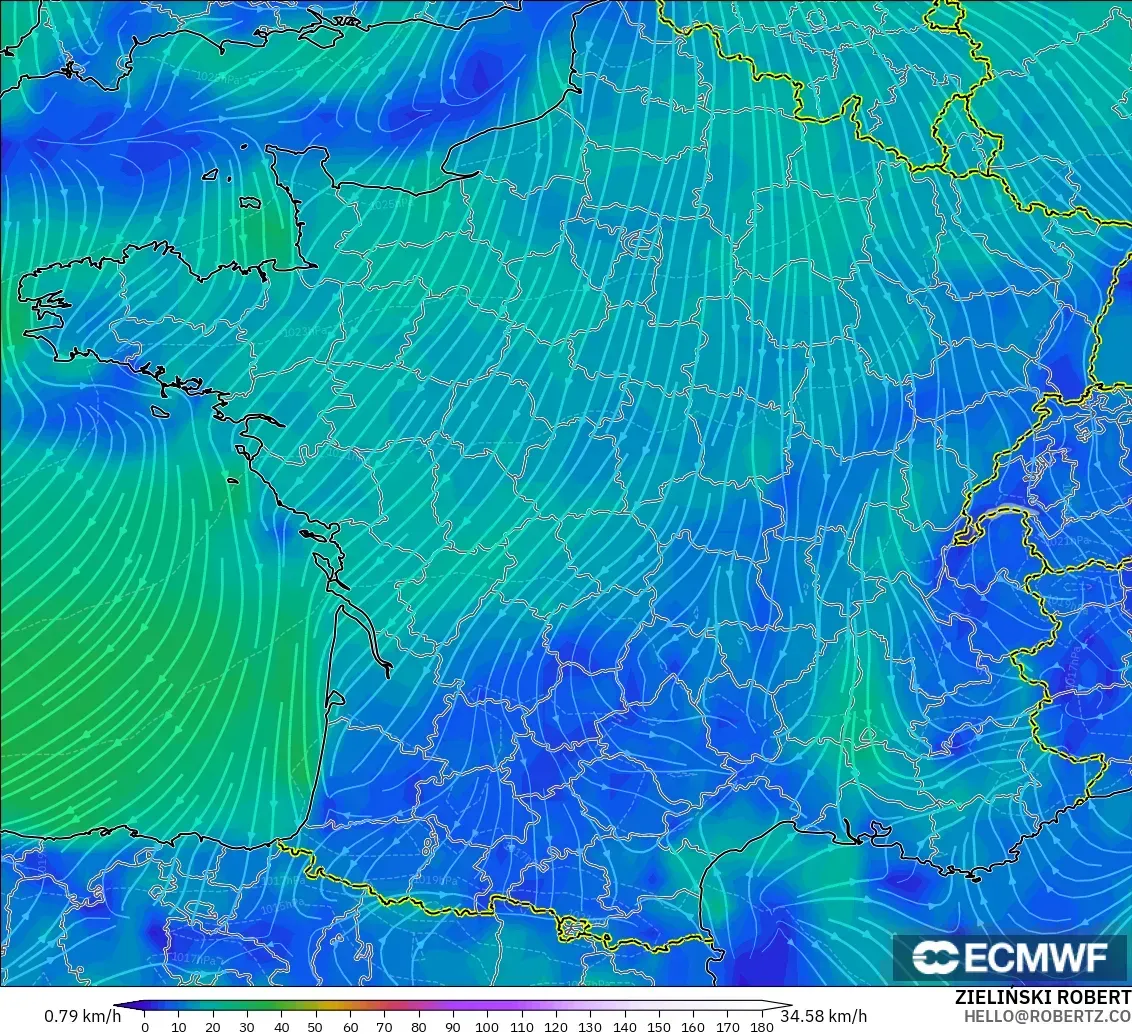ECMWF IFS 0.25° modelo - Francia, Viento a 10 m