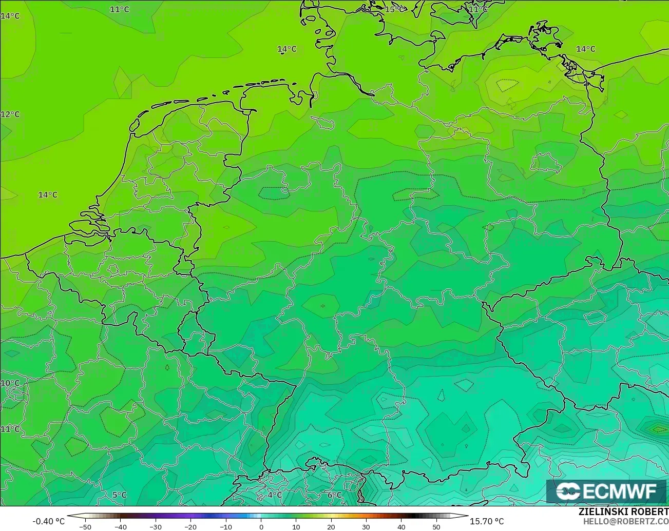 ECMWF IFS 0.25° modelo - Alemania, Punto de rocío a 2 m