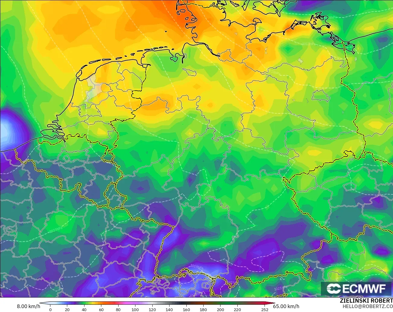 ECMWF IFS 0.25° modelo - Alemania, Ráfagas de Viento Máximas