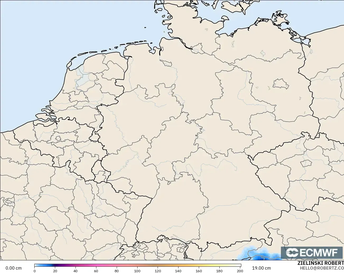 ECMWF IFS 0.25° modelo - Alemania, Profundidad de nieve