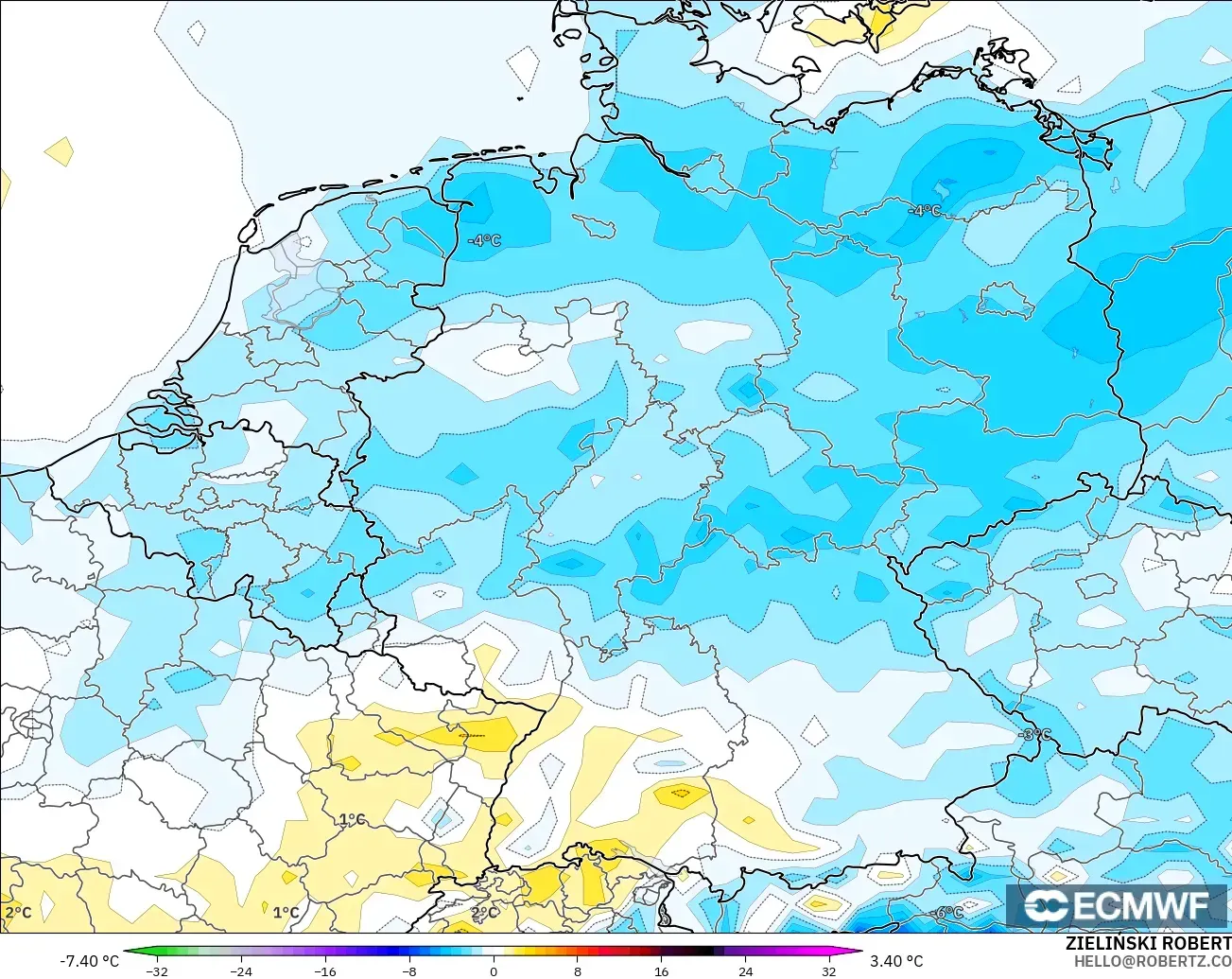 ECMWF IFS 0.25° modelo - Alemania, Anomalía de temperatura a 2 m