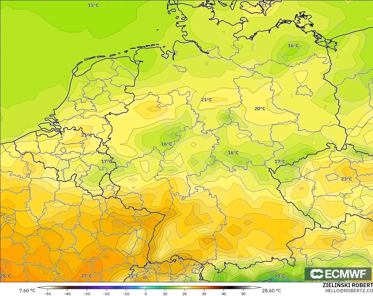 ECMWF IFS 0.25° modelo - Alemania, Temperatura a 2 m