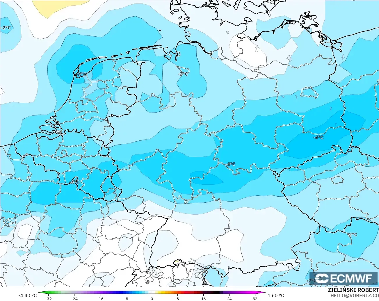 ECMWF IFS 0.25° modelo - Alemania, Anomalía de temperatura a 850 hPa