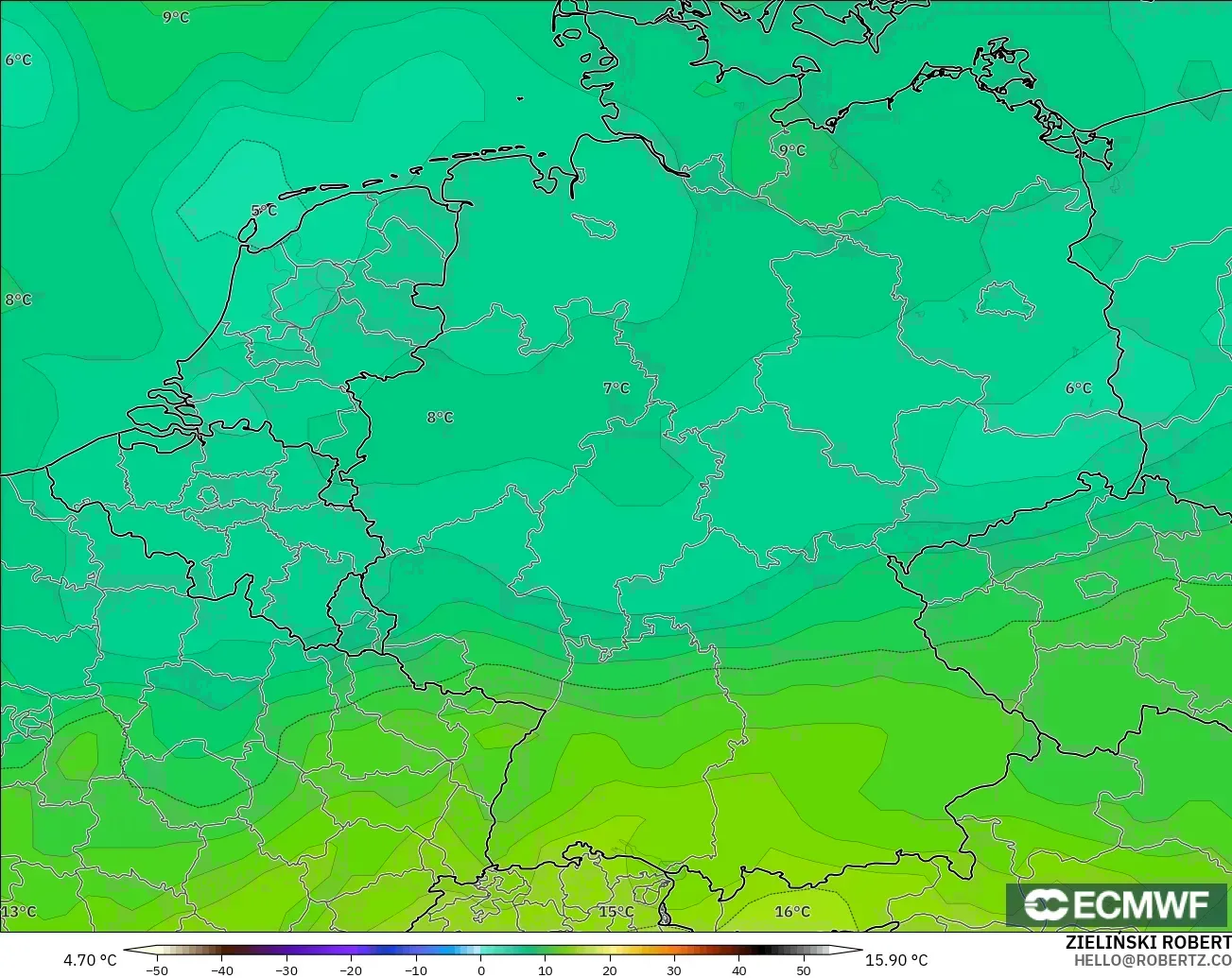 ECMWF IFS 0.25° modelo - Alemania, Temperatura a 850 hPa