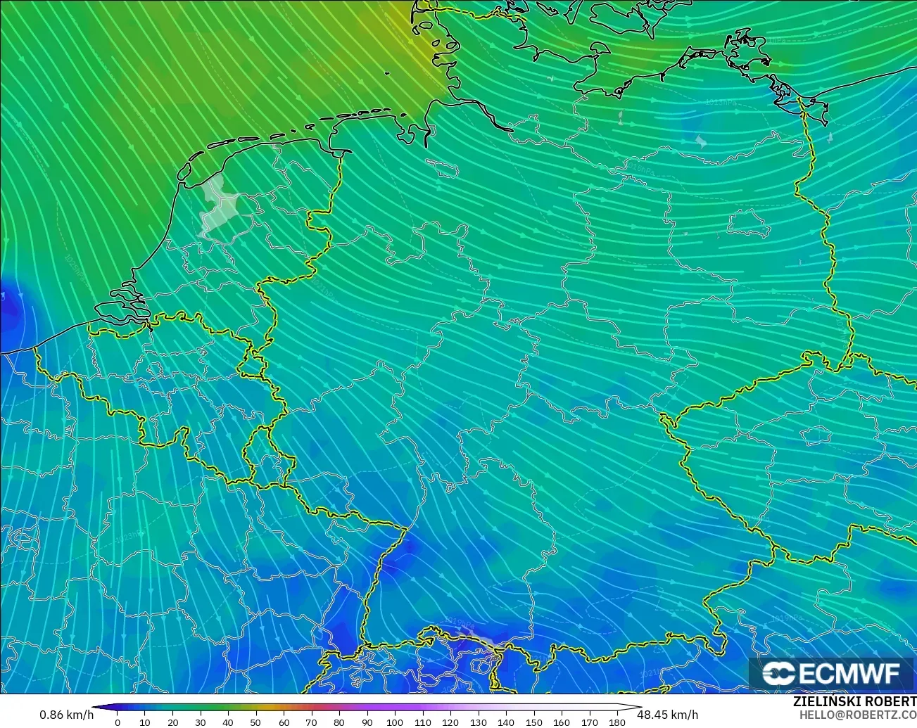 ECMWF IFS 0.25° modelo - Alemania, Viento a 10 m