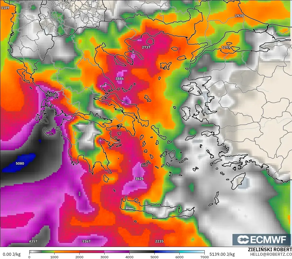 ECMWF IFS 0.25° modelo - Grecia, CAPE