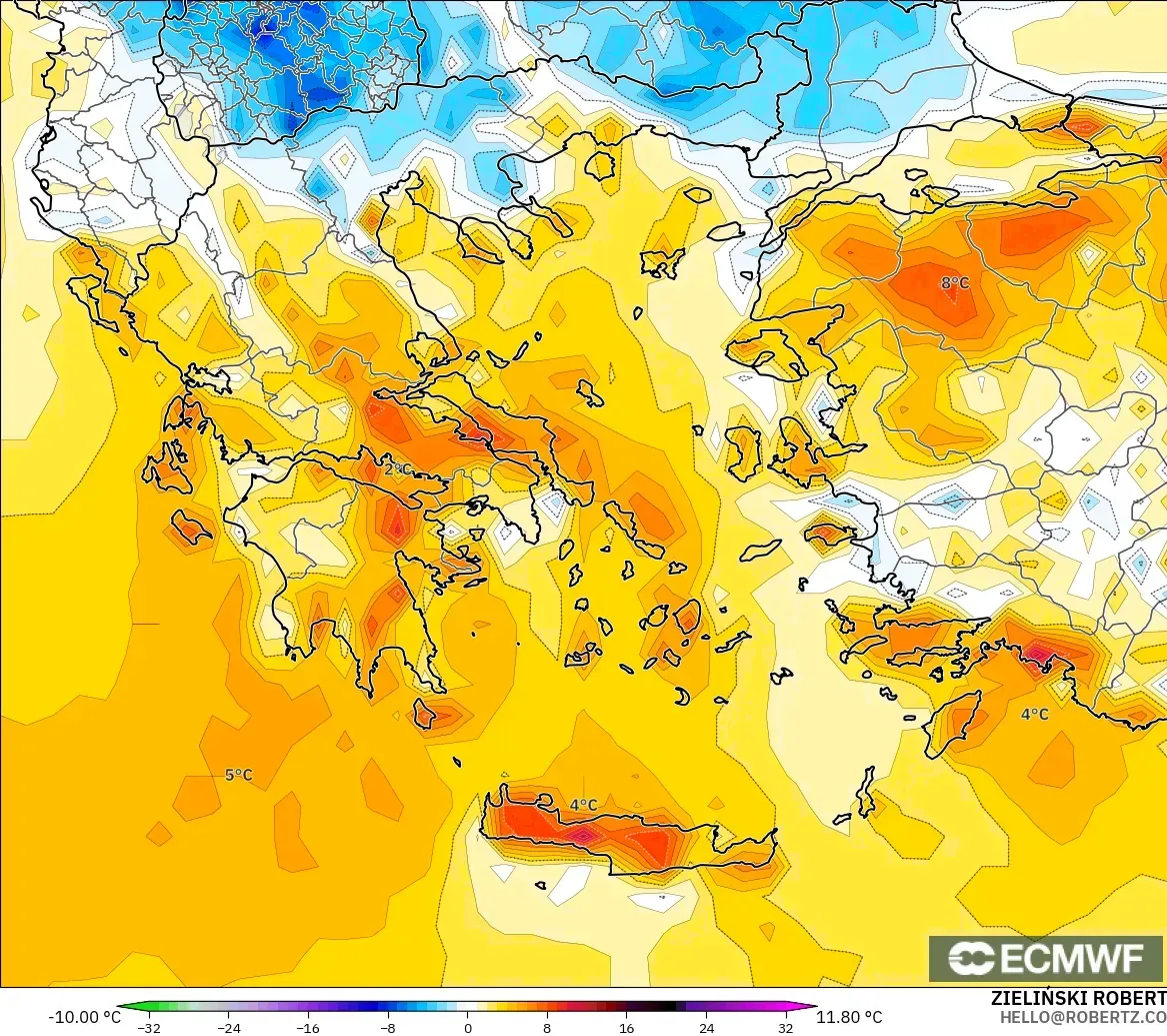 ECMWF IFS 0.25° modelo - Grecia, Anomalía de temperatura a 2 m