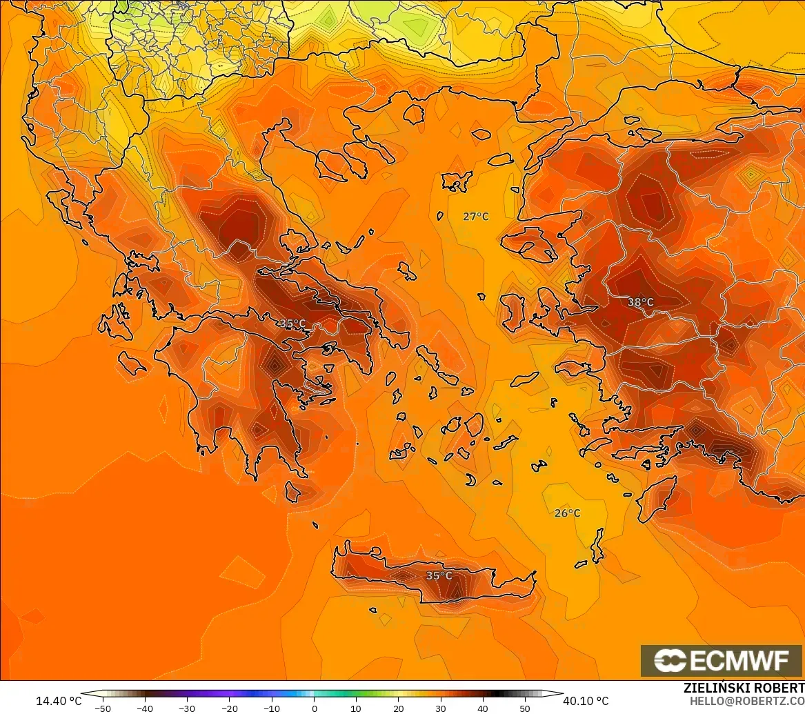 ECMWF IFS 0.25° modelo - Grecia, Temperatura a 2 m