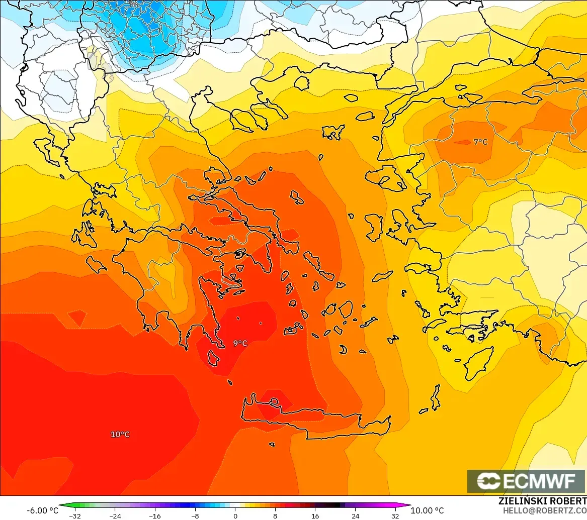 ECMWF IFS 0.25° modelo - Grecia, Anomalía de temperatura a 850 hPa