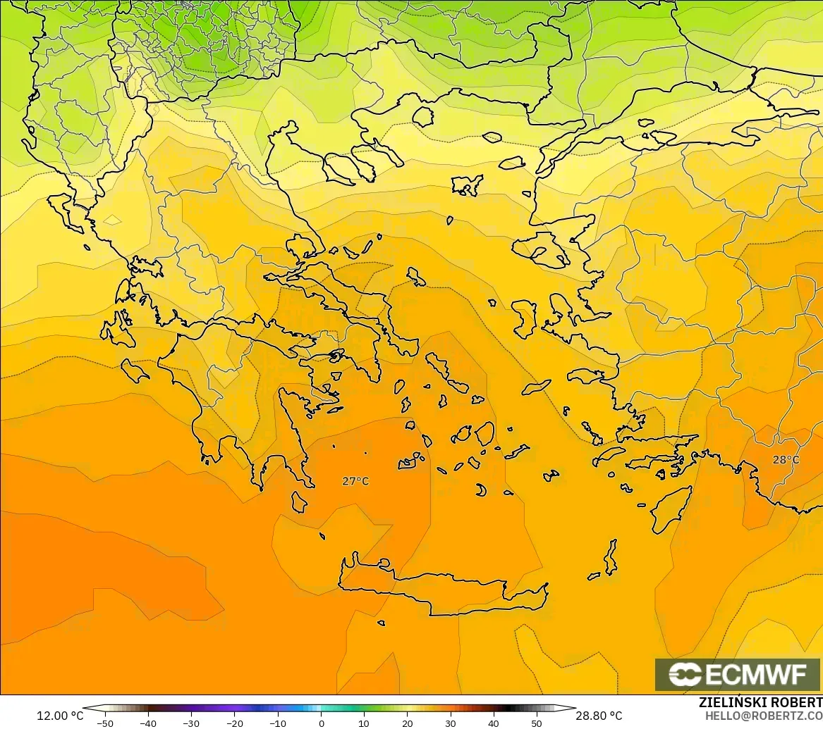 ECMWF IFS 0.25° modelo - Grecia, Temperatura a 850 hPa