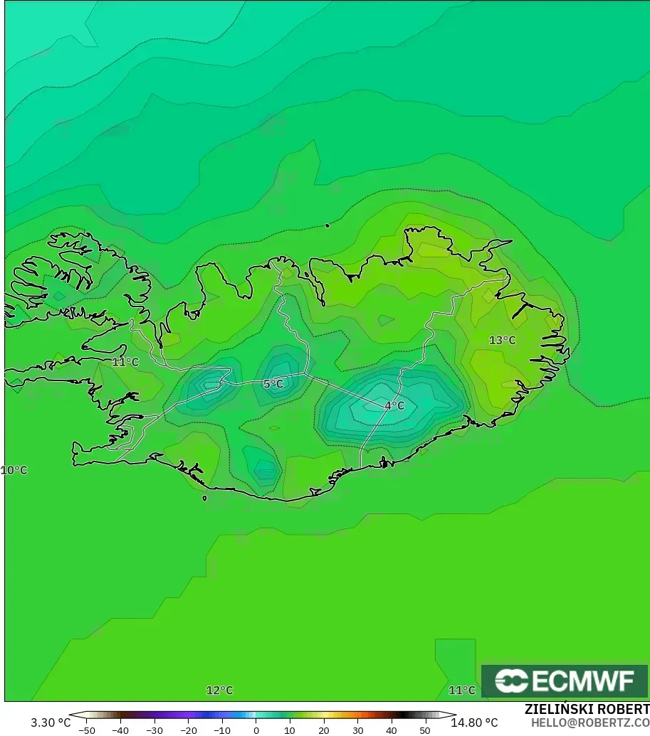 ECMWF IFS 0.25° modelo - Islandia, Punto de rocío a 2 m