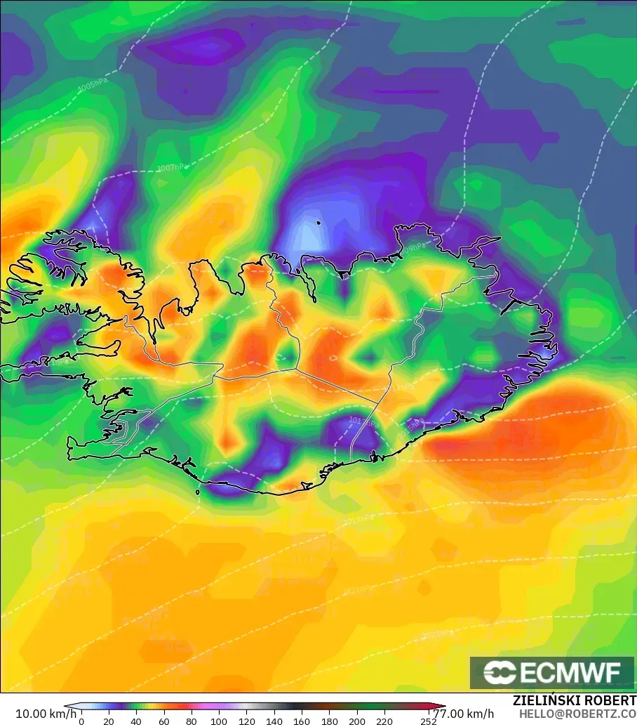 ECMWF IFS 0.25° modelo - Islandia, Ráfagas de Viento Máximas