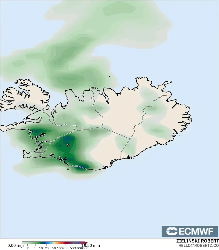 ECMWF IFS 0.25° modelo - Islandia, Acumulación de precipitación