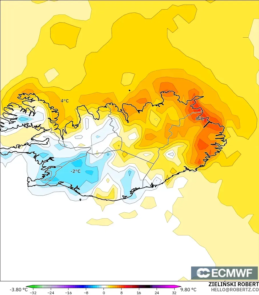 ECMWF IFS 0.25° modelo - Islandia, Anomalía de temperatura a 2 m
