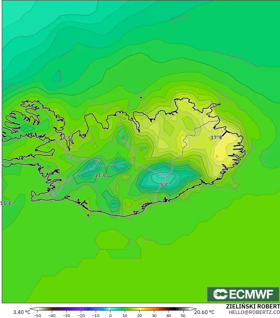 ECMWF IFS 0.25° modelo - Islandia, Temperatura a 2 m