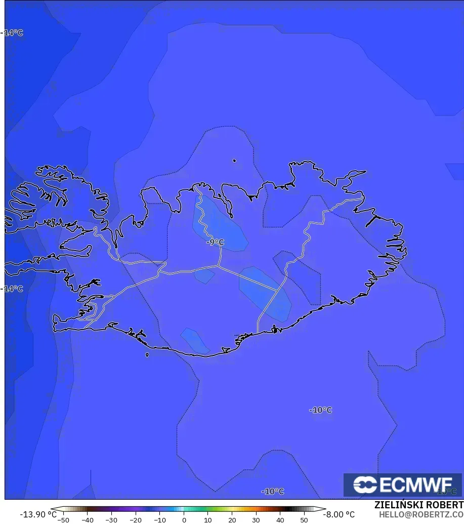 ECMWF IFS 0.25° modelo - Islandia, Temperatura a 500 hPa