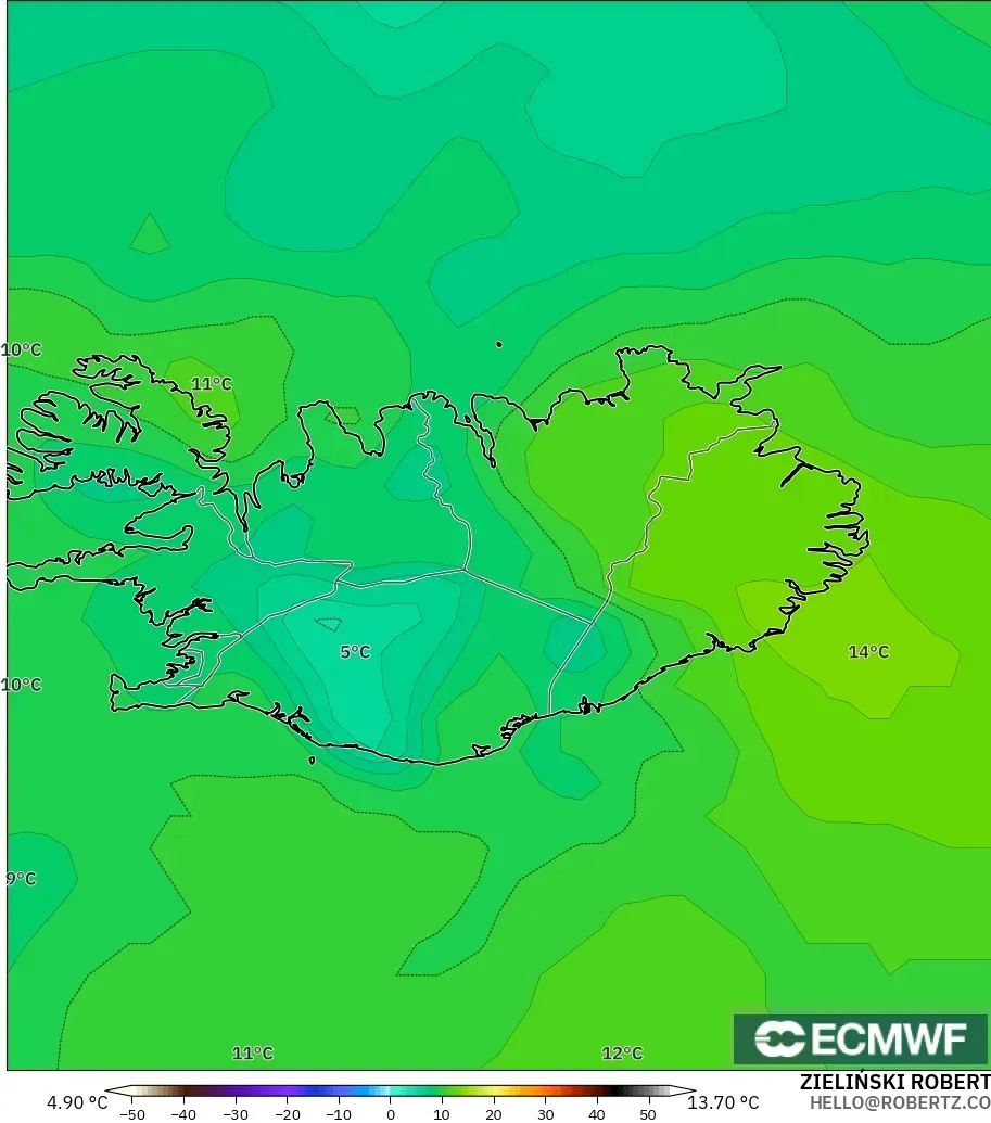 ECMWF IFS 0.25° modelo - Islandia, Temperatura a 850 hPa