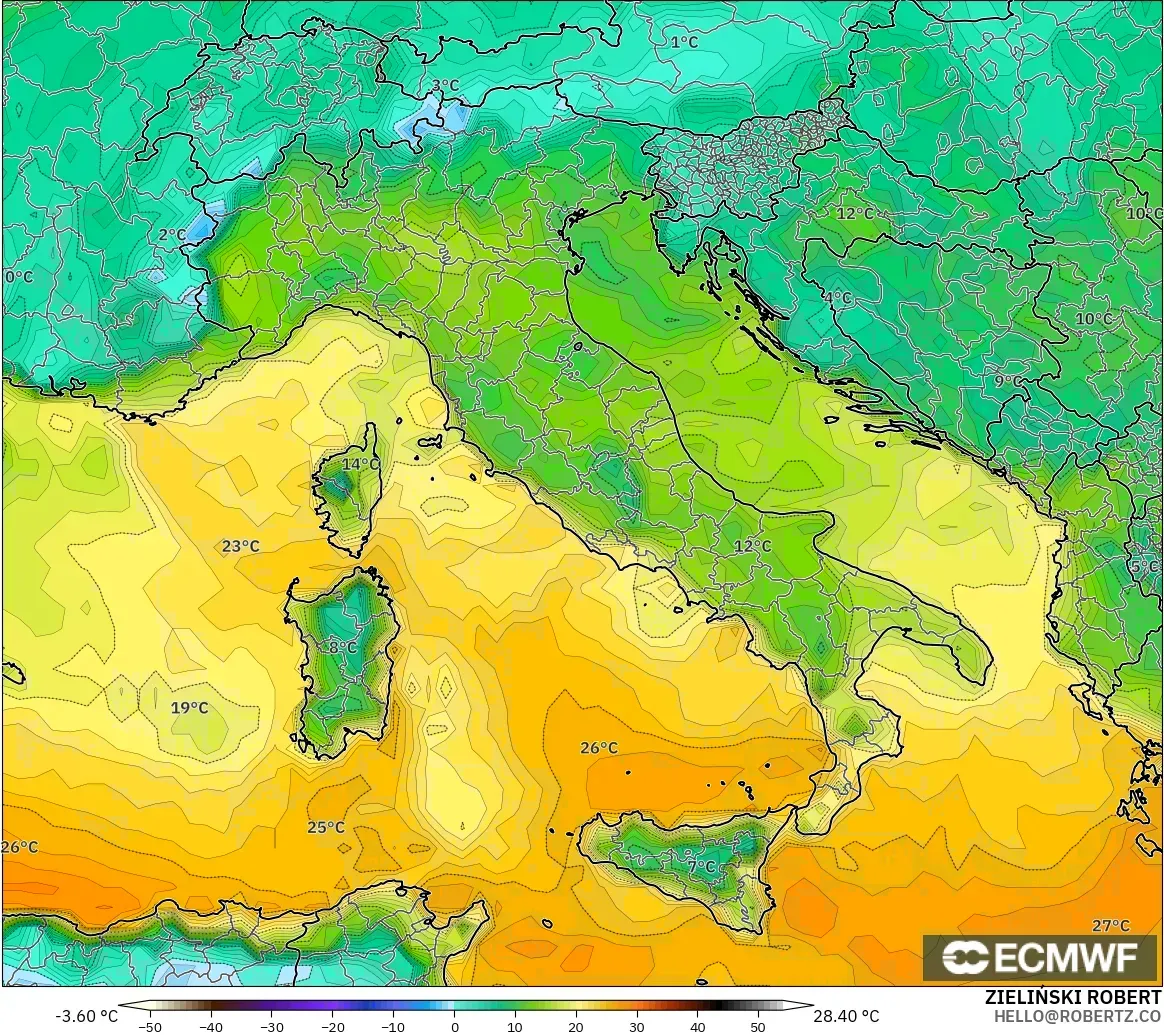 ECMWF IFS 0.25° modelo - Italia, Punto de rocío a 2 m