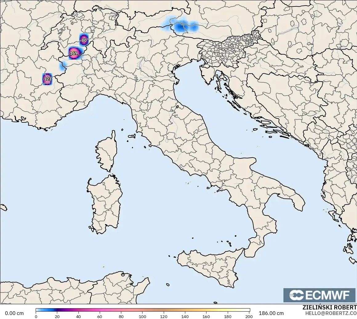 ECMWF IFS 0.25° modelo - Italia, Profundidad de nieve
