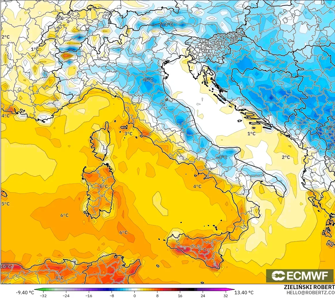 ECMWF IFS 0.25° modelo - Italia, Anomalía de temperatura a 2 m