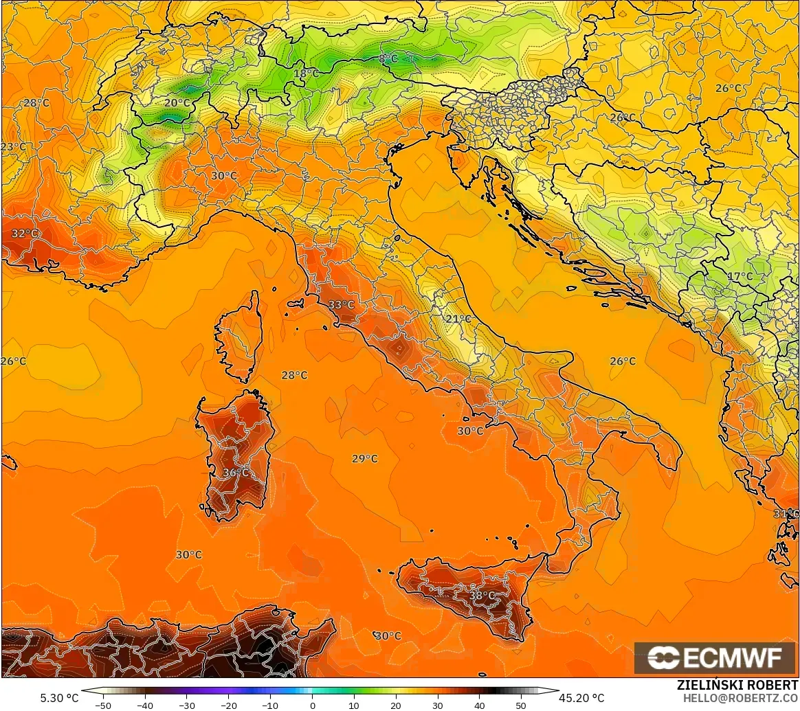 ECMWF IFS 0.25° modelo - Italia, Temperatura a 2 m