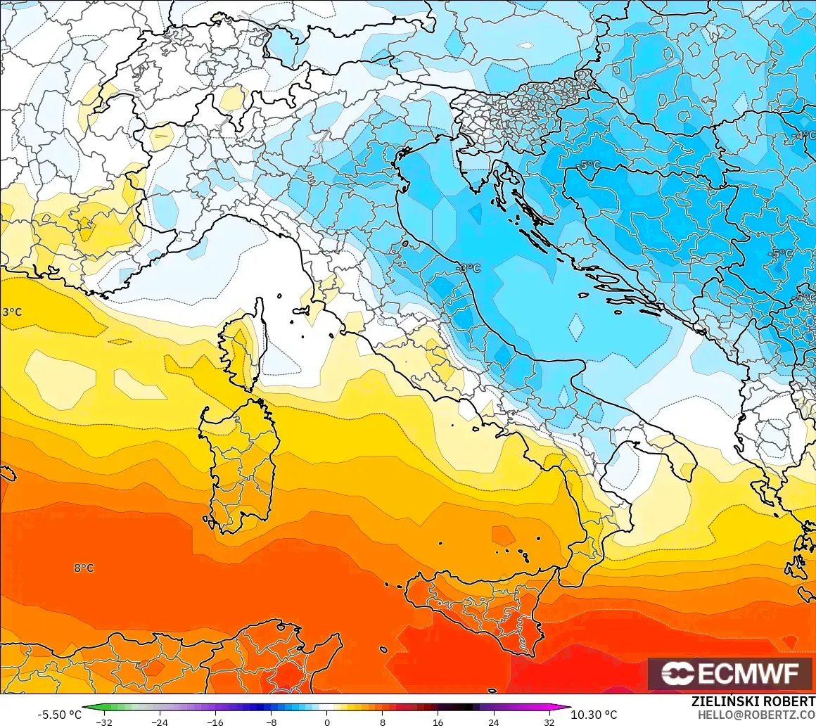 ECMWF IFS 0.25° modelo - Italia, Anomalía de temperatura a 850 hPa