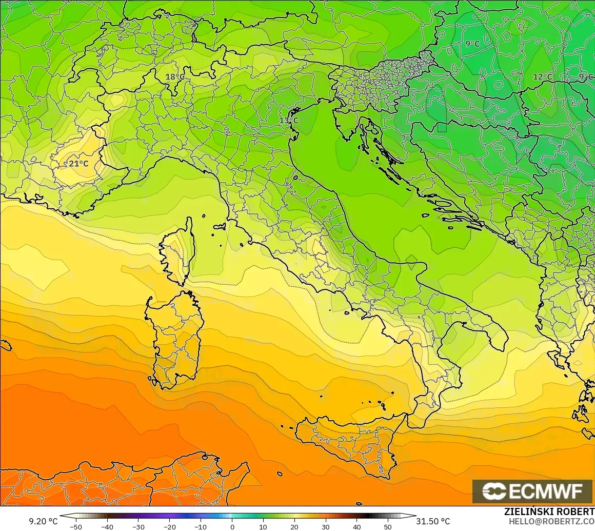 ECMWF IFS 0.25° modelo - Italia, Temperatura a 850 hPa