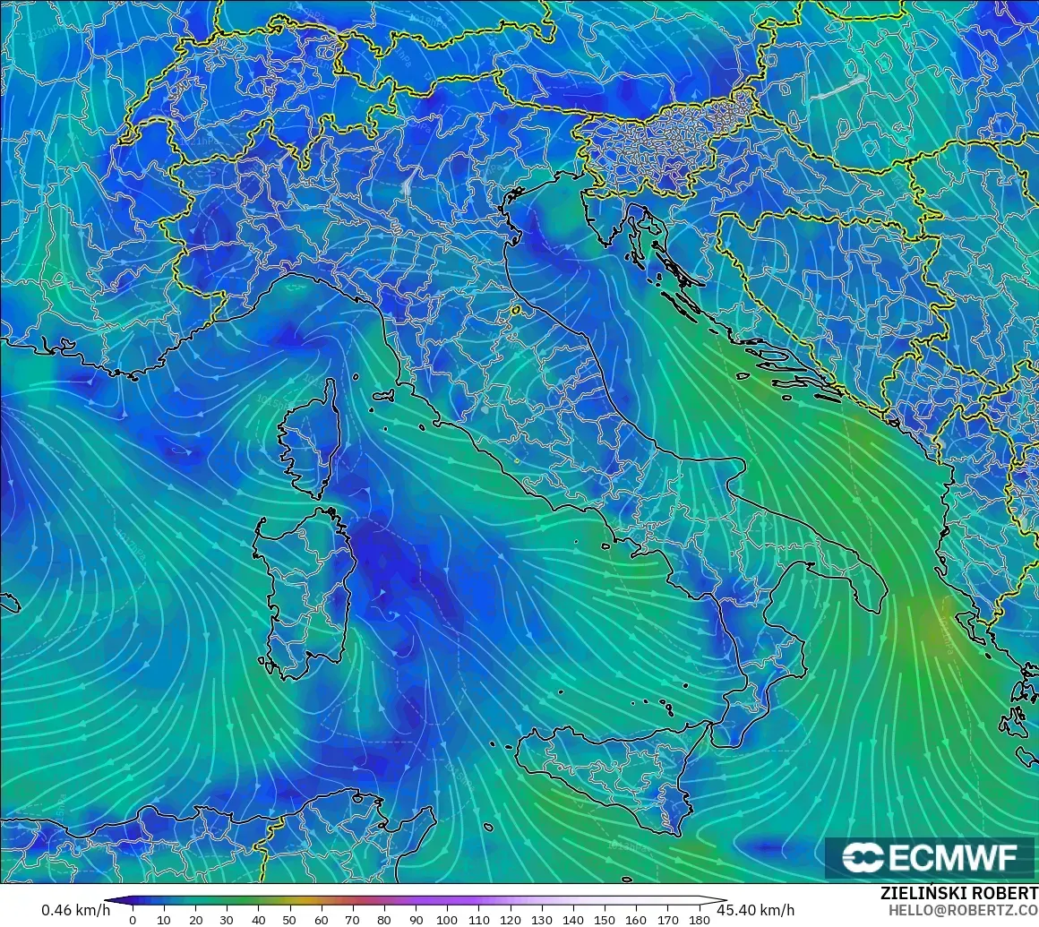 ECMWF IFS 0.25° modelo - Italia, Viento a 10 m