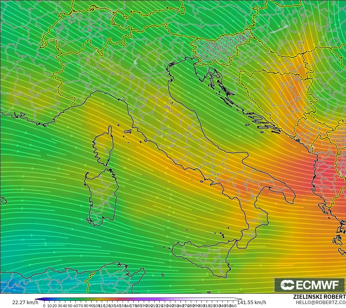 ECMWF IFS 0.25° modelo - Italia, Viento a 300 hPa (corriente en chorro)