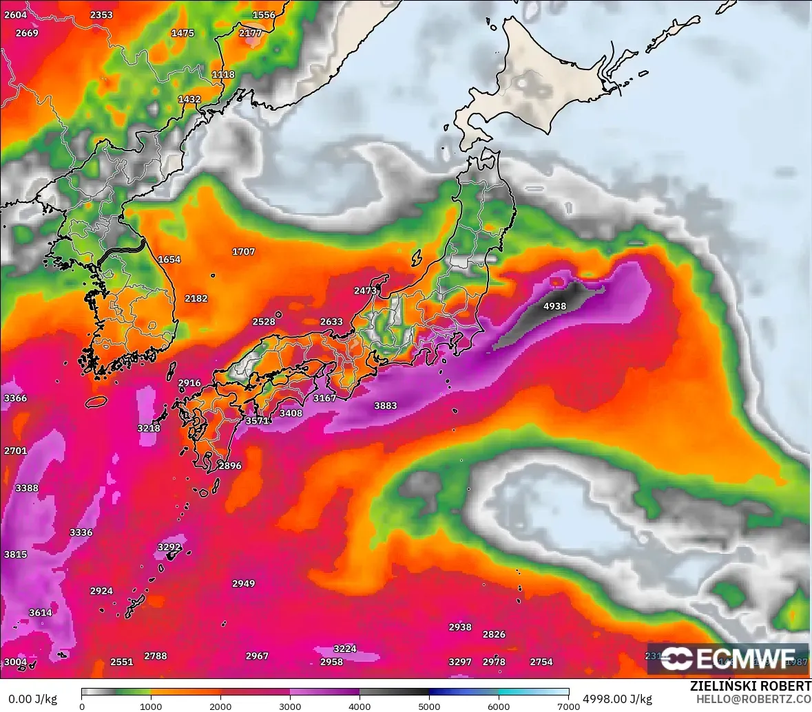 ECMWF IFS 0.25° modelo - Japón, CAPE