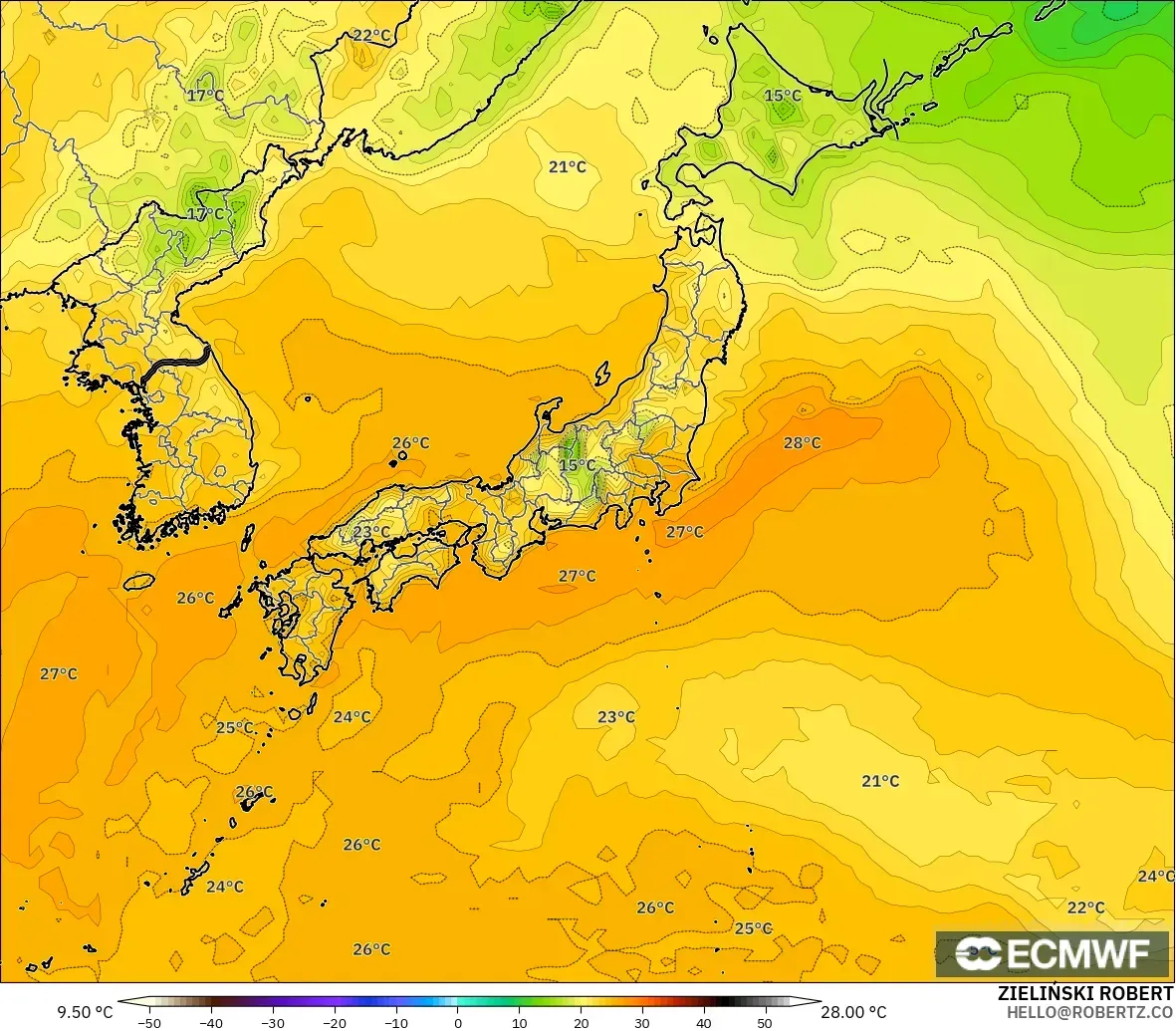 ECMWF IFS 0.25° modelo - Japón, Punto de rocío a 2 m