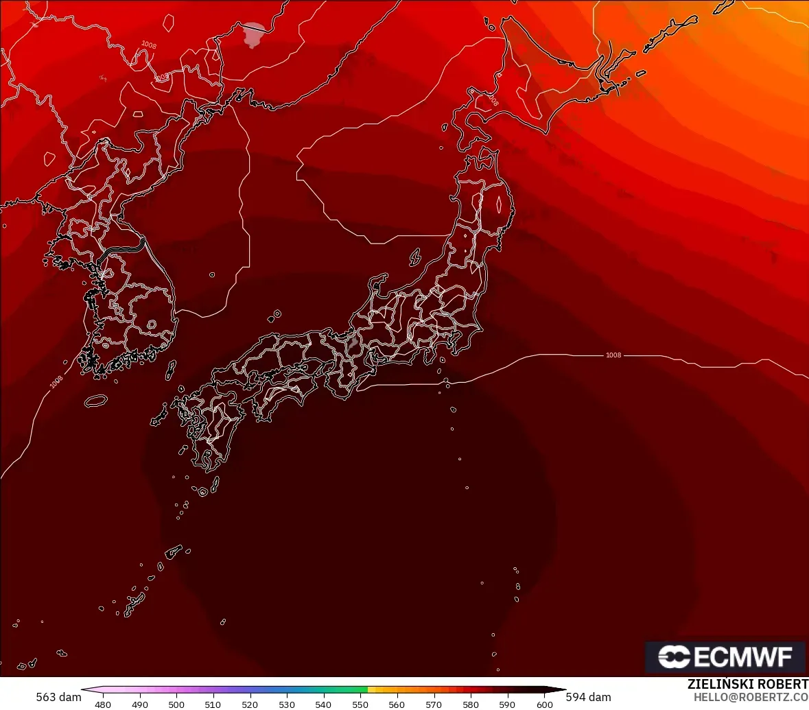 ECMWF IFS 0.25° modelo - Japón, Altura geopotencial a 500 hPa