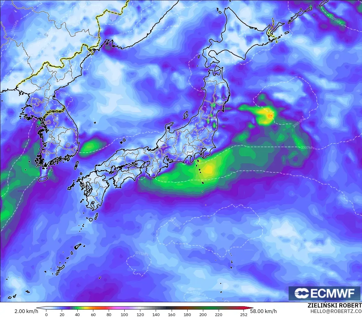 ECMWF IFS 0.25° modelo - Japón, Ráfagas de Viento Máximas