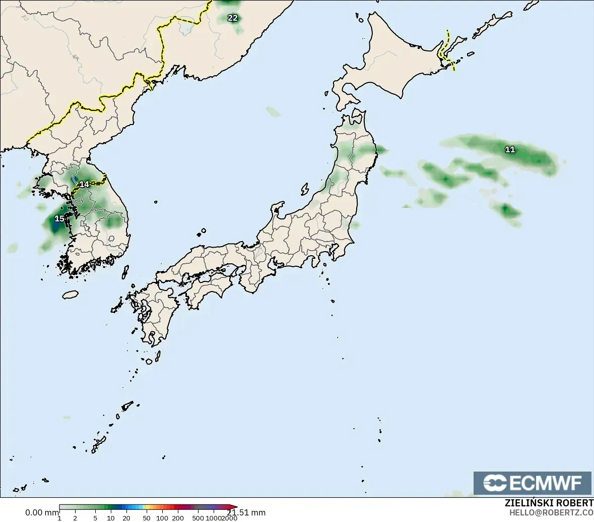 ECMWF IFS 0.25° modelo - Japón, Acumulación de precipitación