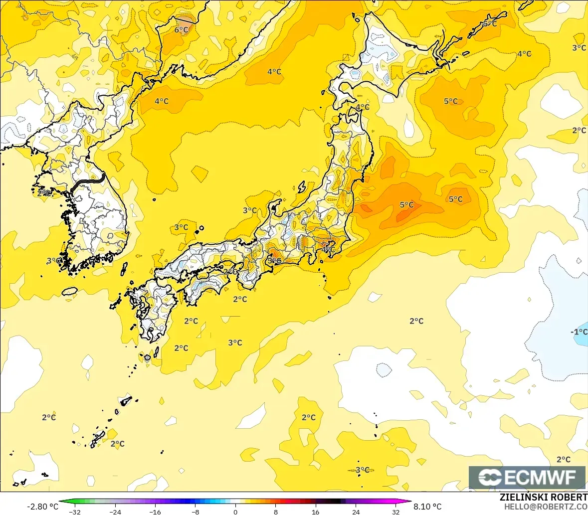 ECMWF IFS 0.25° modelo - Japón, Anomalía de temperatura a 2 m
