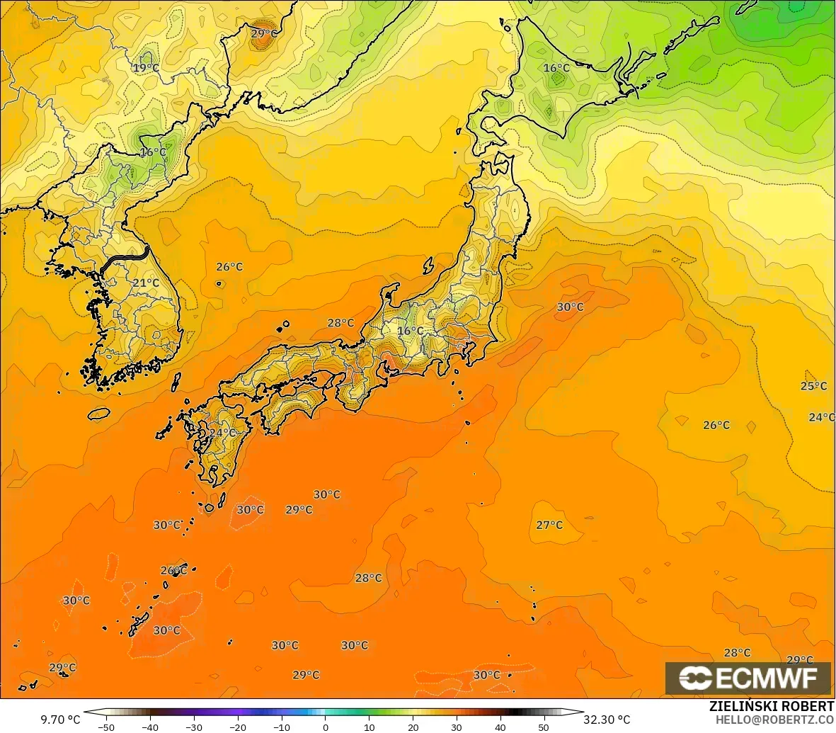 ECMWF IFS 0.25° modelo - Japón, Temperatura a 2 m