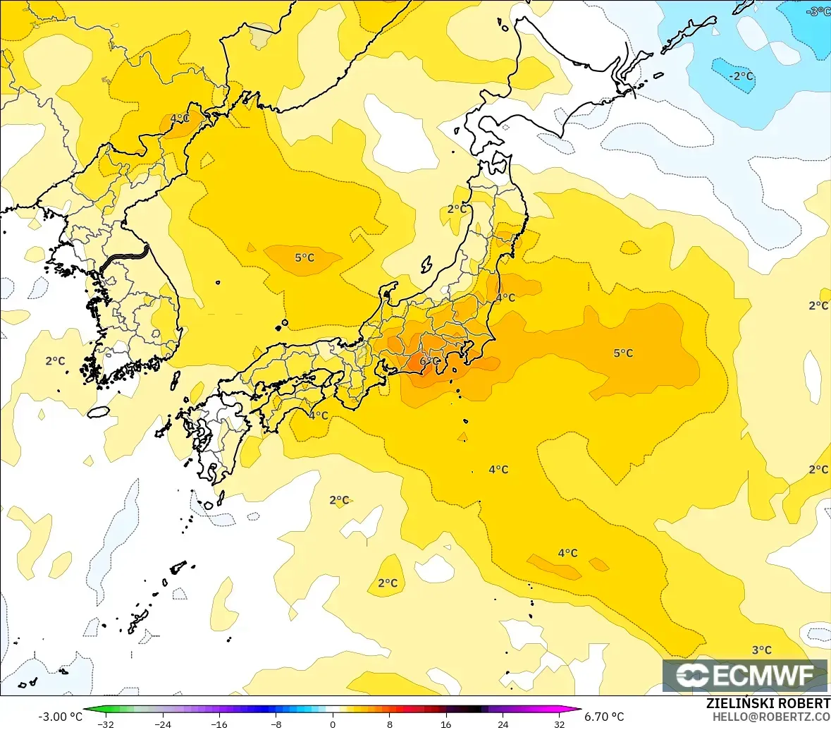 ECMWF IFS 0.25° modelo - Japón, Anomalía de temperatura a 850 hPa