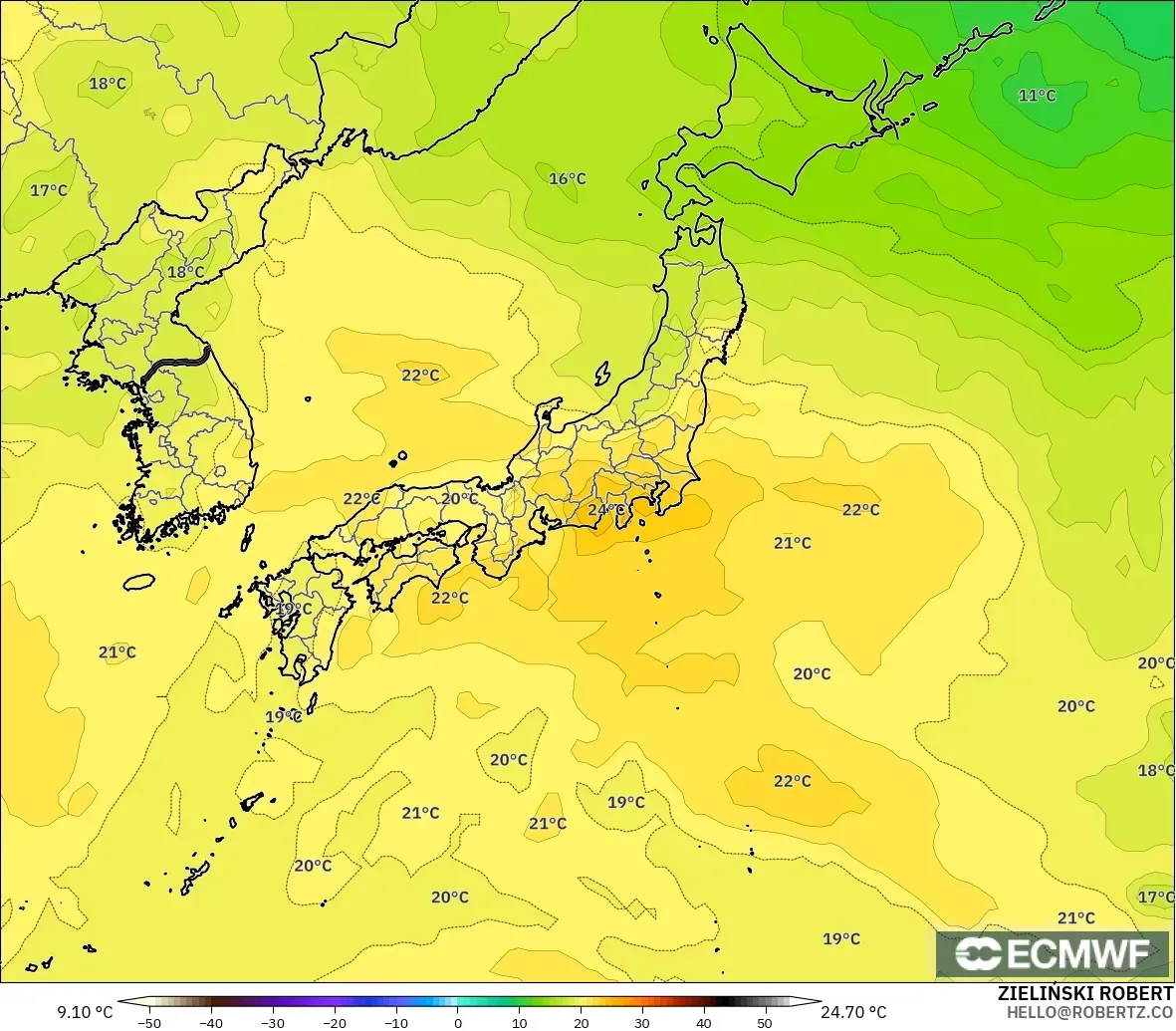 ECMWF IFS 0.25° modelo - Japón, Temperatura a 850 hPa
