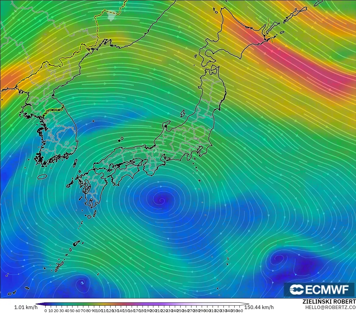 ECMWF IFS 0.25° modelo - Japón, Viento a 300 hPa (corriente en chorro)