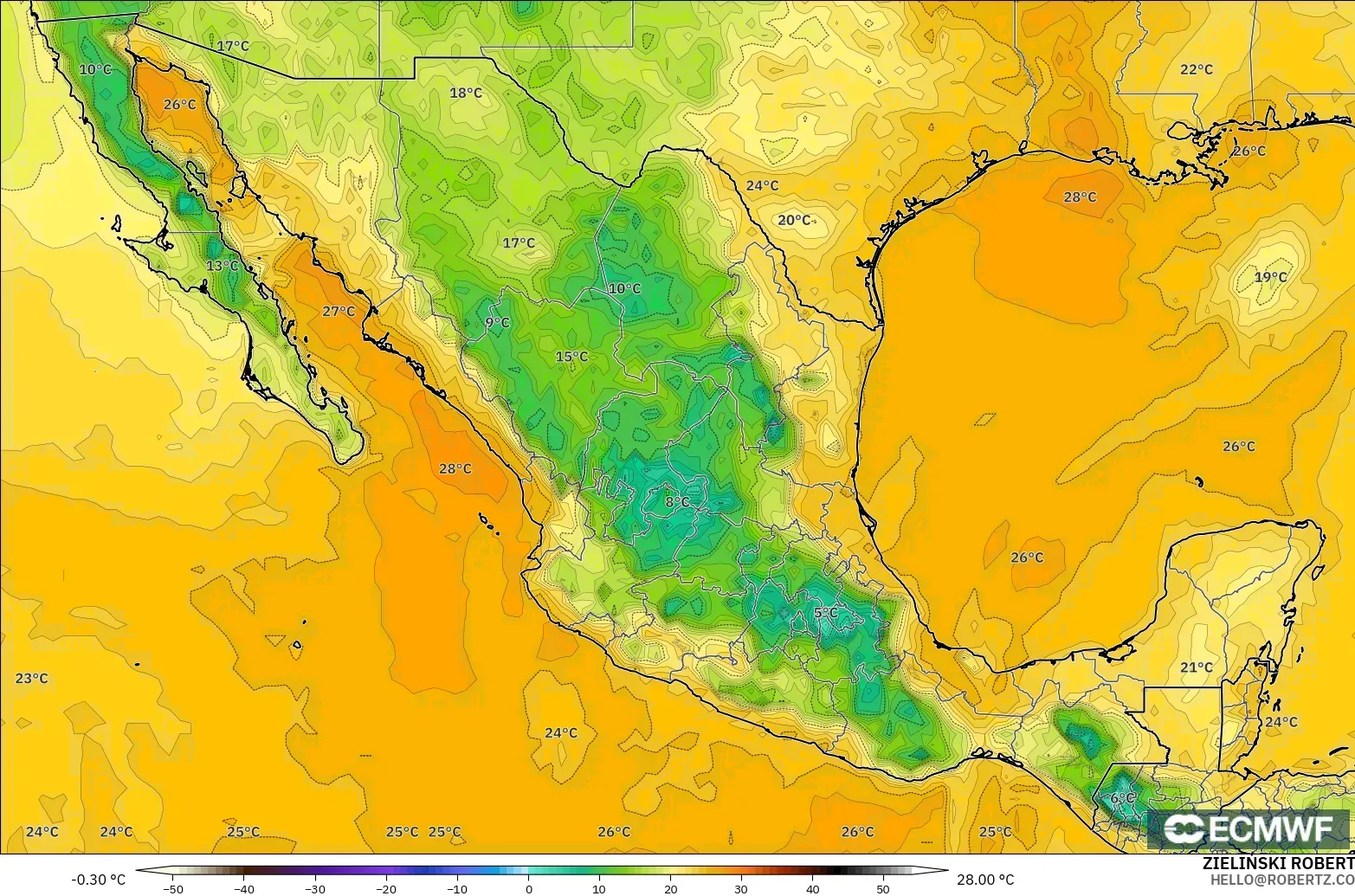 ECMWF IFS 0.25° modelo - México, Punto de rocío a 2 m