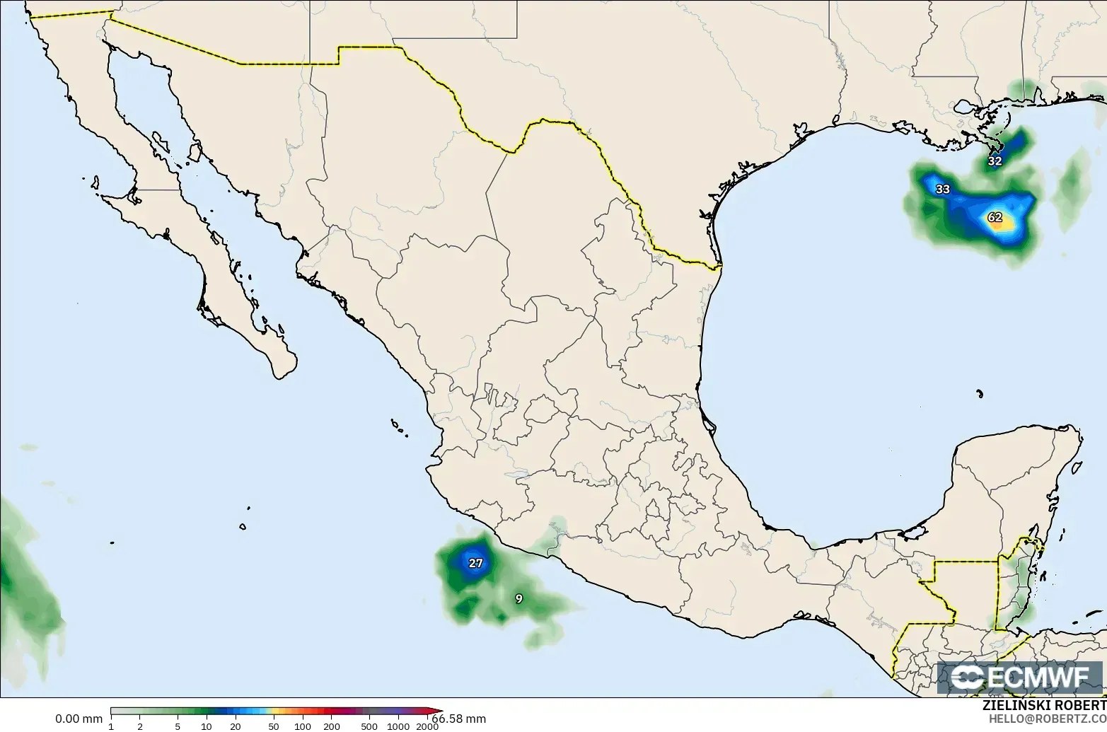 ECMWF IFS 0.25° modelo - México, Acumulación de precipitación