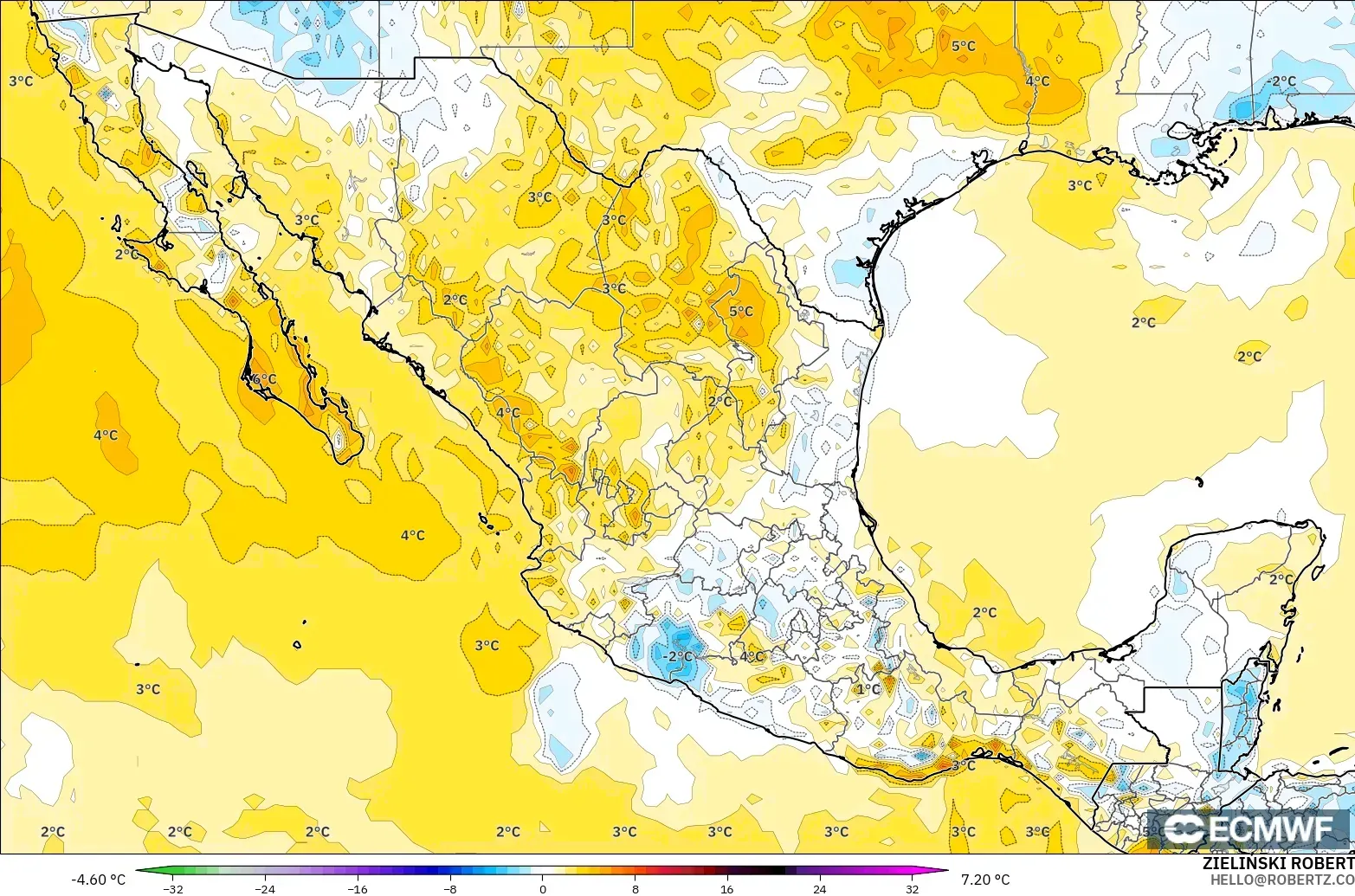 ECMWF IFS 0.25° modelo - México, Anomalía de temperatura a 2 m