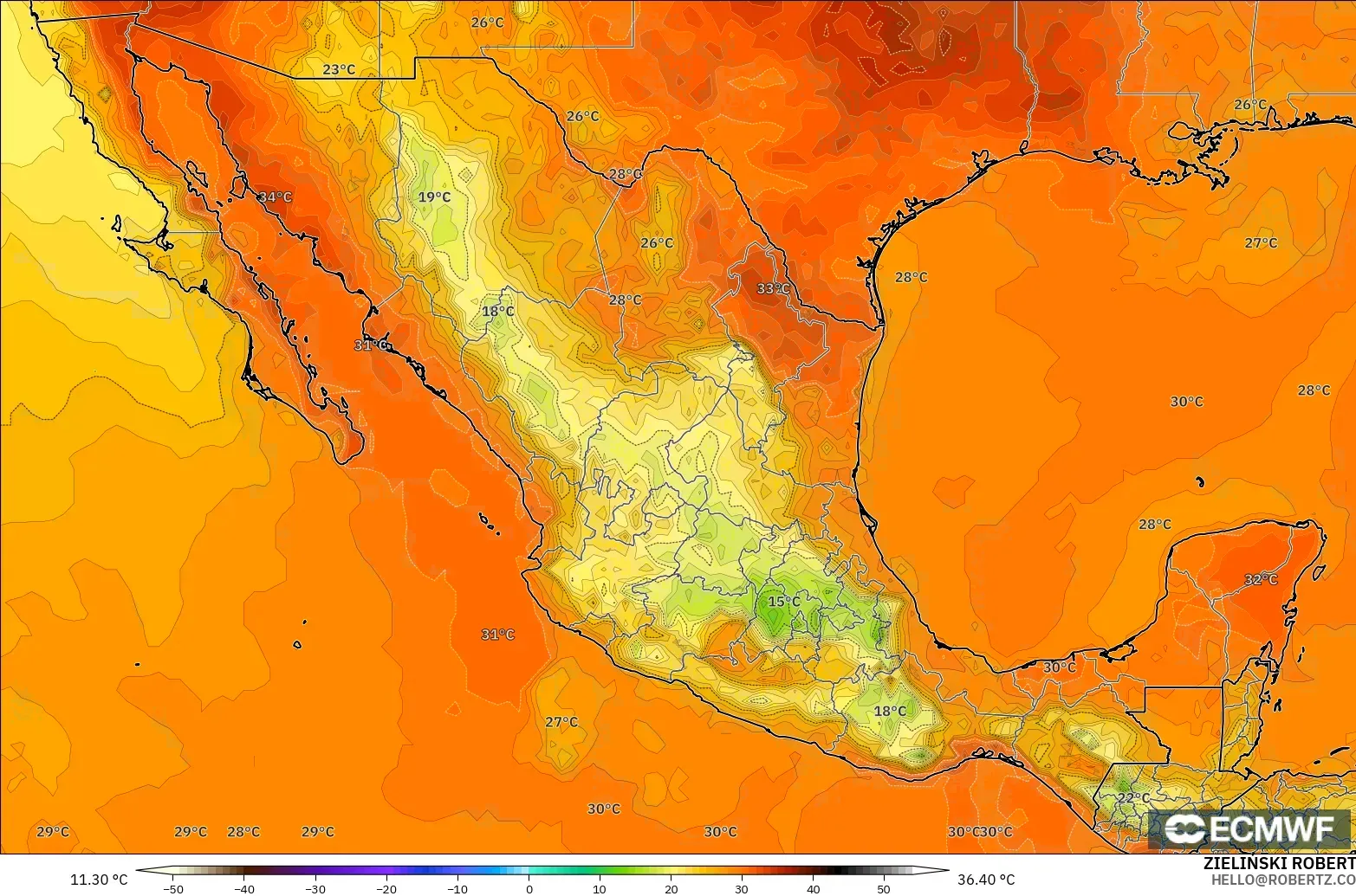ECMWF IFS 0.25° modelo - México, Temperatura a 2 m
