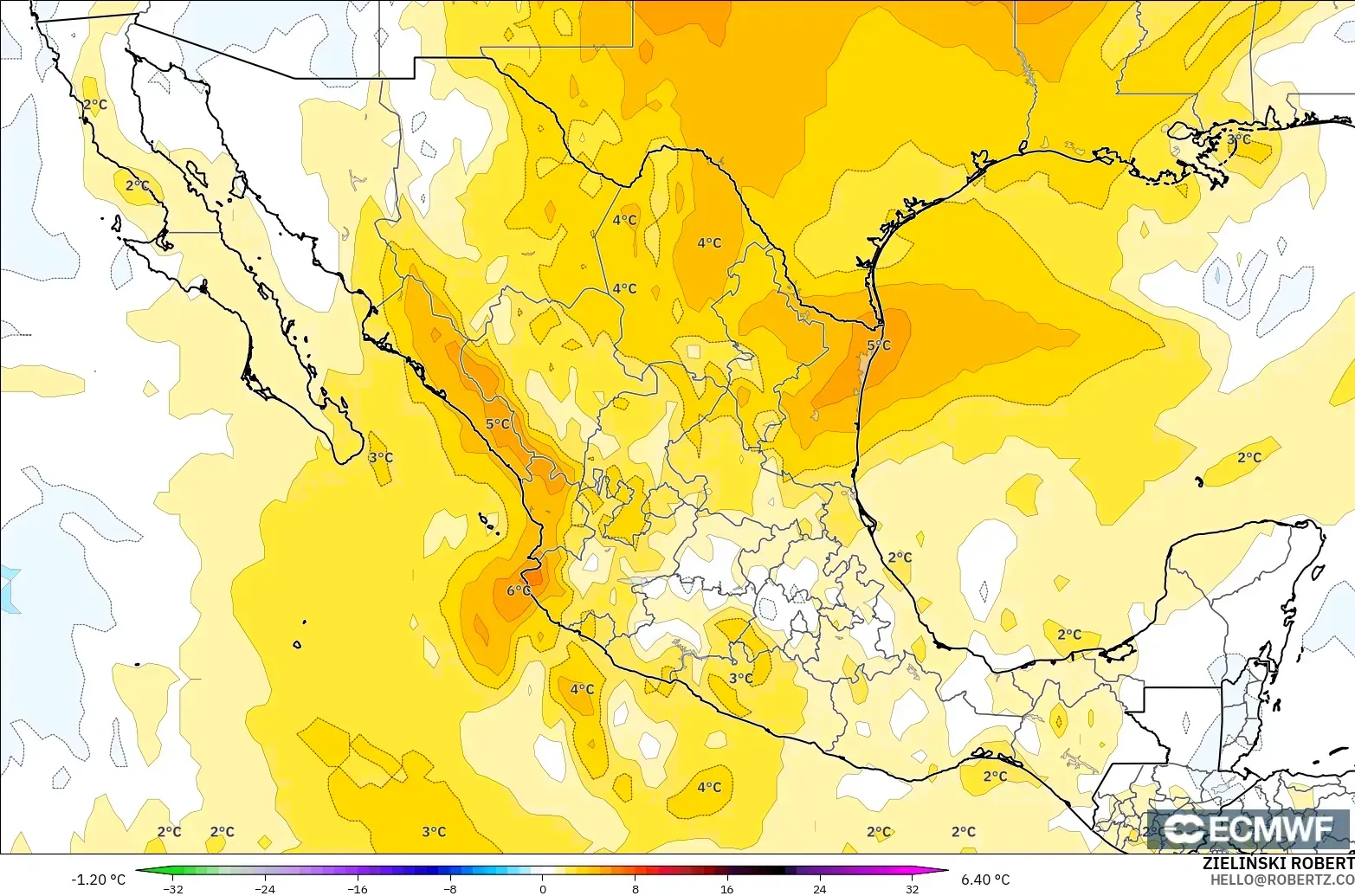 ECMWF IFS 0.25° modelo - México, Anomalía de temperatura a 850 hPa