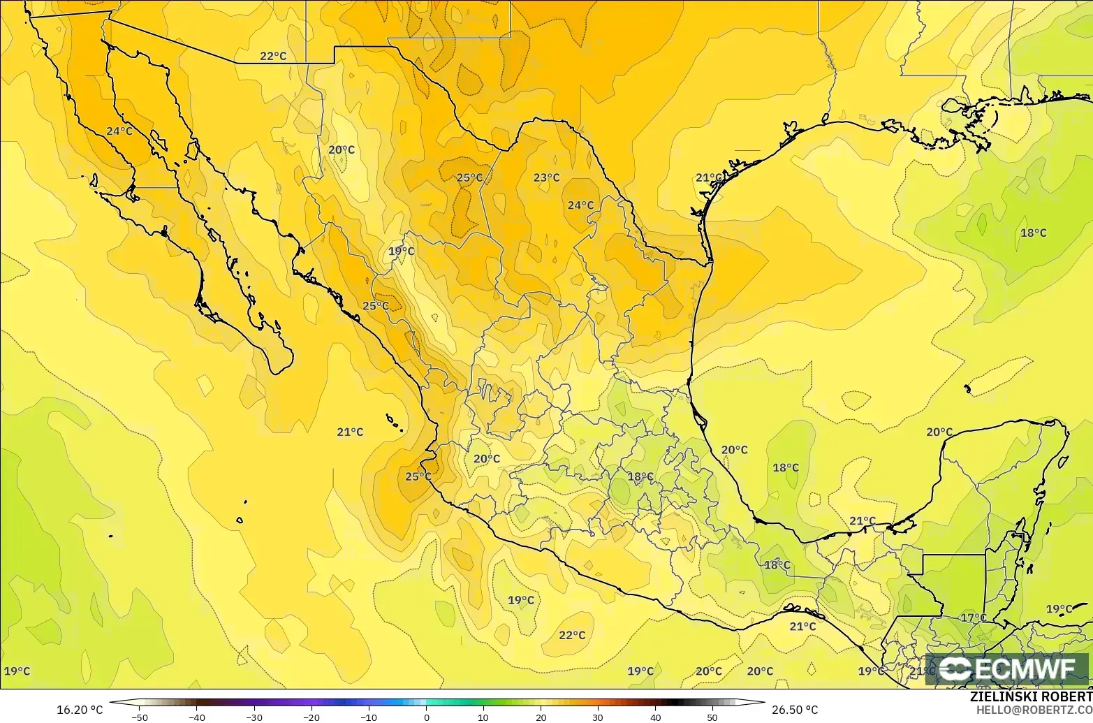 ECMWF IFS 0.25° modelo - México, Temperatura a 850 hPa